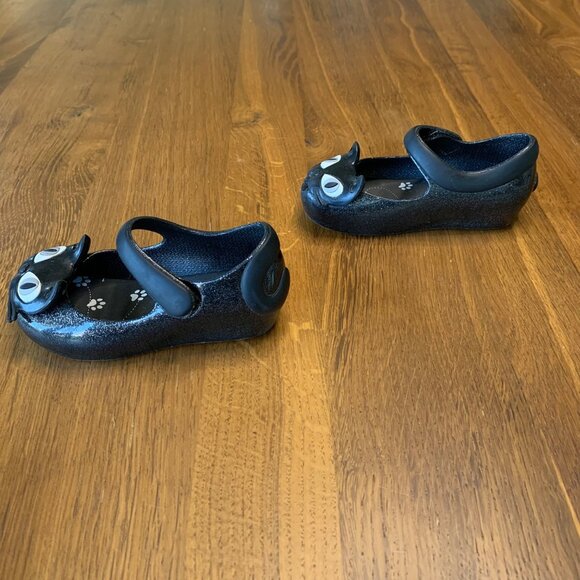 MINI MELISSA Black Cat Shoes Girls 7 Mary Jane Glitter Cats Toddler Girl Shoe - Picture 3 of 6